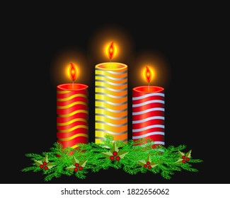 Vector illustration of glowing candles with pine branches and cherry