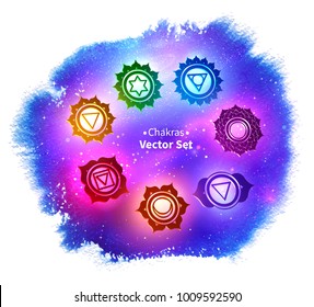 Vector illustration of glowing chakras on ultraviolet outer space background in grunge watercolor stain.