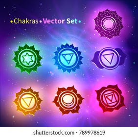 Vector illustration of glowing chakras on ultraviolet outer space background.