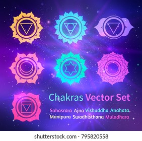 Vector illustration of glowing chakras on ultraviolet outer space background.