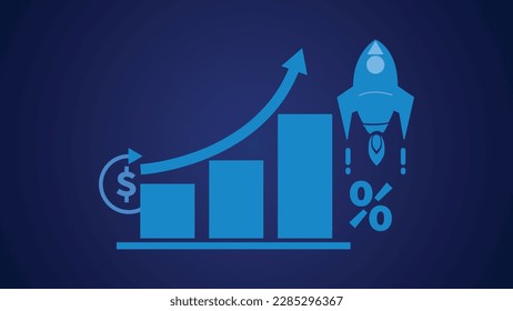 Ilustración vectorial Gráfica de negocios de color cian brillante y flecha de éxito sobre el fondo de los pasos de color azul.