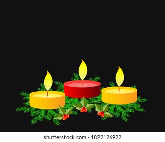 Vector illustration of glowing decorative candles with pine branches and cherry