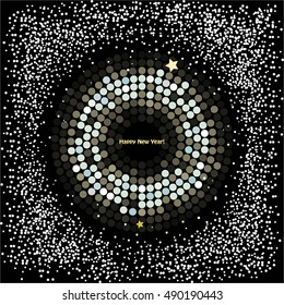 Vector illustration of Glowing disco ball, stars and white snow on a black background.
