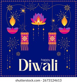 Vector illustration of glowing diyas, lotus flower, lanterns, and fireworks celebrating Diwali with festive text.