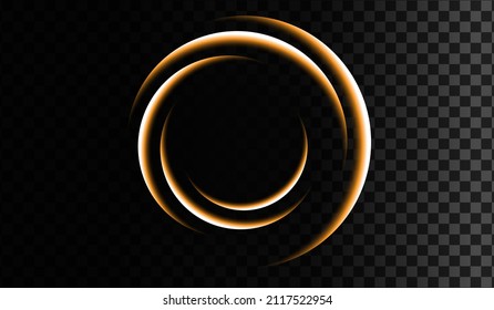 Vector illustration. Glowing fire rings with glitter in gold colour on transparent background. Light effects. For used on dark backgrounds.