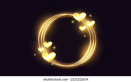 Vector illustration. Glowing fire rings with glitter in gold colour on transparent background. Light effects. For used on dark backgrounds.