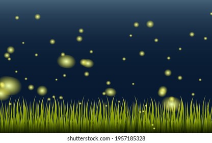 Vector illustration of glowing fireflies, lightning bugs isolated on dark background.
