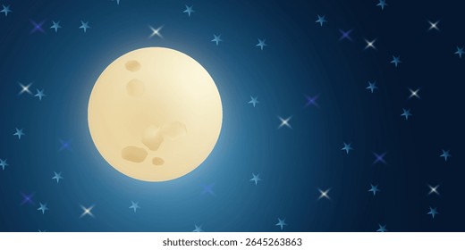 Vector illustration of a glowing full moon in a dark starry night sky. Magical and peaceful celestial scene in flat style, perfect for backgrounds, posters, bedtime stories, and sky-themed designs.