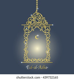 Vector illustration of glowing golden lantern. Eid al adha card Isolated on blue background. Eid mubarak islamic celebration card.