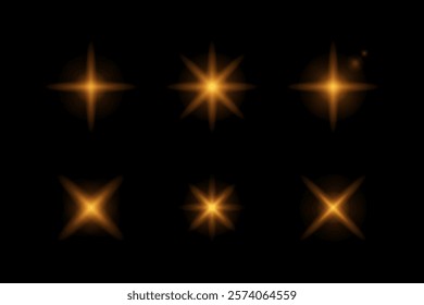 Vector illustration of glowing golden light bursts and star effects on a black background, ideal for festive, celebratory, or decorative designs.