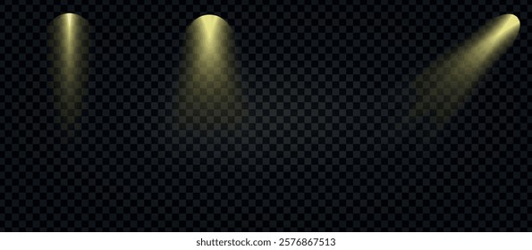 A vector illustration of a glowing golden spotlight beam with a radiant flare and subtle spark effects on a transparent background. Perfect for concert, party, or festive designs