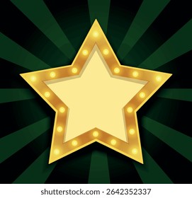 Vector illustration of glowing golden star on bright green emerald background with space for text. Element of show, badge, ceremony, movie poster or award. Bright neon style for banners and design