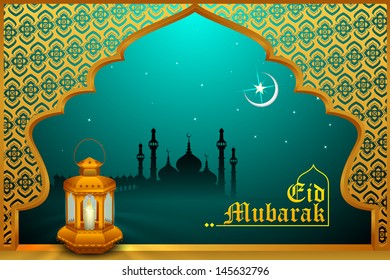 vector illustration of glowing lamp on Eid Mubarak ( Blessing for Eid) background