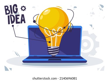 Vector illustration of a glowing light bulb, the concept of a big idea on the background of an open laptop