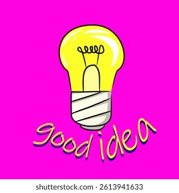 Vector illustration of a glowing light bulb and the inscription: "good idea." Glowing light bulb on a light purple background.