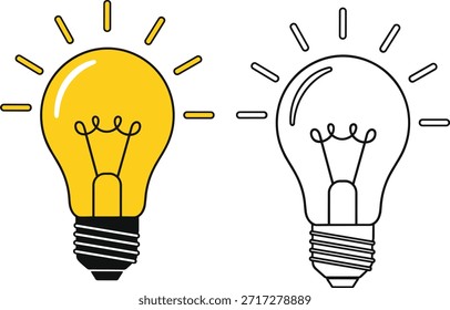 Vector illustration of glowing light bulb and dim bulb, creativity concept, idea generation, innovation symbol, bright thinking, energy inspiration, minimal design, black and yellow contrast style.