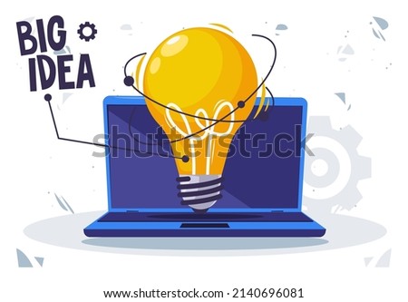 Vector illustration of a glowing light bulb, the concept of a big idea on the background of an open laptop