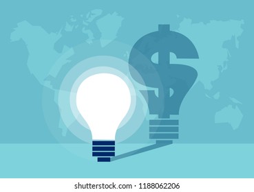 Vector illustration of glowing light bulbs with shadow of a dollar sign on background of worldwide map