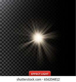 Vector illustration of a glowing light effect with rays and lens flares isolated on a dark translucent background