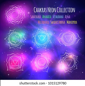 Vector illustration of glowing line art chakras on ultraviolet outer space background.