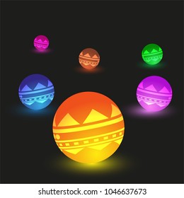 Vector illustration of glowing multi-colored balls on a black background