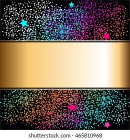 Vector illustration of Glowing multicolored stars on a black background. Gold ribbon.