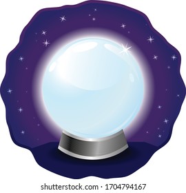 A vector illustration of a glowing mystical crystal ball on a starry sky background