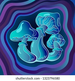 vector illustration with glowing neon color mushrooms on versicolor background