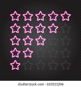 Vector illustration of glowing pink neon lights 5 stars rating on dark transparent background. Isolated objects, easy to change global colors and place on any background, EPS 10