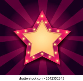 Vector illustration of glowing purple star on bright background with place for text. Element of show, badge, ceremony, movie poster or award. Bright neon style for banners and design