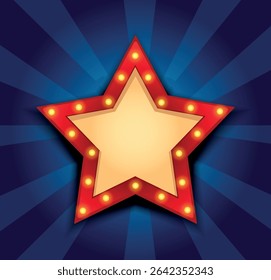 Vector illustration of glowing red star on bright blue background with space for text. Element of show, badge, ceremony, movie poster or award. Bright neon style for banners and design