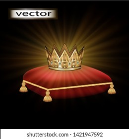 vector illustration of a glowing Royal Golden crown with precious stones emitting a brilliant light on a red velvet cushion