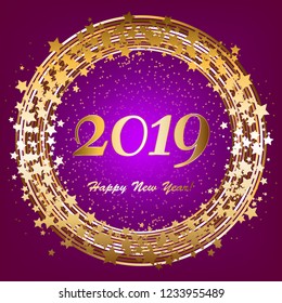 Vector illustration of Glowing space. Snow and stars in the night sky. New Year 2019