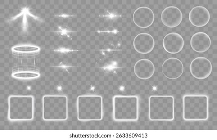 Vector illustration of glowing sparkles, magic flare, sun rays, spotlight beam and shimmering wave, dynamic light curve with glitter, tornado motion and bright transparent background wallpaper