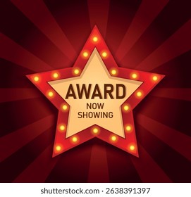 Vector illustration of glowing star on bright background with AWARD inscription on red background. Element of show, ceremony, movie poster or award. Bright neon style for banners and design
