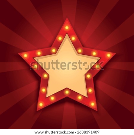 Vector illustration of glowing star on bright background with place for text. Element of show, icon, ceremony, movie poster or award. Bright neon style for banners and design