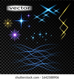 Vector illustration of glowing stars, lightning and patterns of light set of patterns glare on water