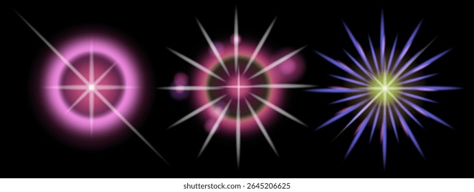Vektorgrafik glühender, sternförmiger Lichteffekte auf Schwarz mit rosa, blauen und gelben Farbtönen. Moderner Neon-Glow-Stil, beliebt im digitalen und Science-Fiction-Design, mit weichen Farbverläufen.