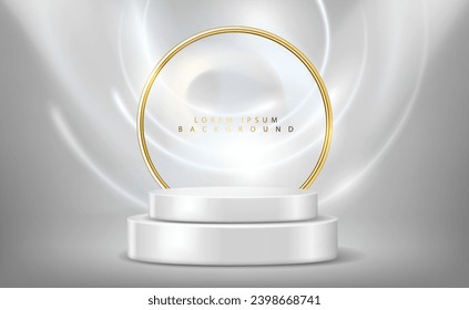 vector illustration glowing white curve wave lines and golden ring podium backdrop,cosmetic products display and presentation creative and modern background template.