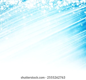 Vector illustration of a glowing winter background featuring radiant blue hues, diagonal light streaks, and sparkling snowflakes.