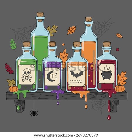 Vector illustration of glowing witch potions on a wooden shelf with pumpkins, leaves, and spiderwebs. Fun spooky Halloween design in colorful cartoon style.