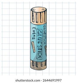 Vector illustration of a glue stick in blue color on grid notebook background. Hand drawn school stationery element, perfect for educational and creative design projects.