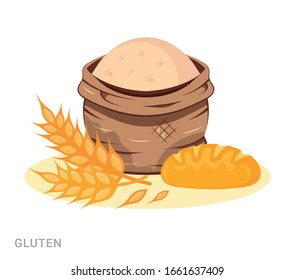 Vector illustration of gluten, bread and bag with flour. Food additive on a white background.