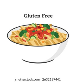 Vector illustration of a gluten free pasta meal with tomato sauce veggies and certification label