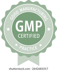 Ilustração vetorial de um crachá com certificação GMP, indicando boas práticas de fabricação e conformidade com a garantia de qualidade. Ideal para as indústrias farmacêutica, alimentar e de saúde, aprovado pelo Standard.
