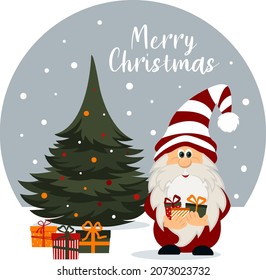 Vector illustration with a gnome decorated with a Christmas tree and gifts on a blue background. Christmas card in flat style.