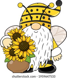 Vector illustration of a gnome with a flower for spring and summer. Cartoon style.