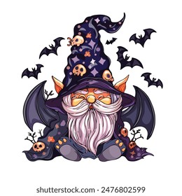 Vector illustration of a gnome with flying bags. Halloween party. Cute gnome illustration