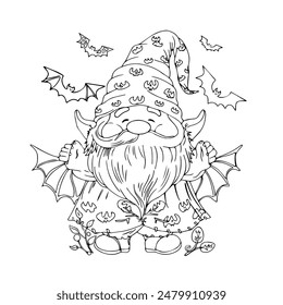 Vector illustration of a gnome with flying bags. Halloween party. Cute gnome illustration