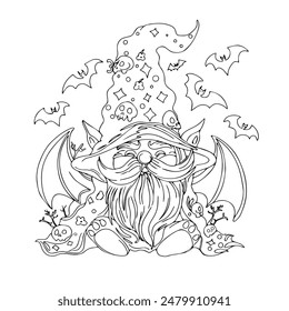 Vector illustration of a gnome with flying bags. Halloween party. Cute gnome illustration